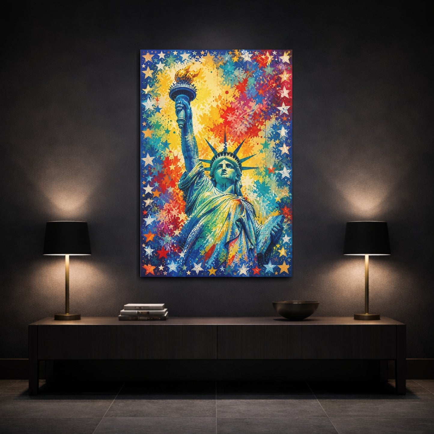 Mockup 3. Vibrant Lady Liberty Splash shown as canvas print
