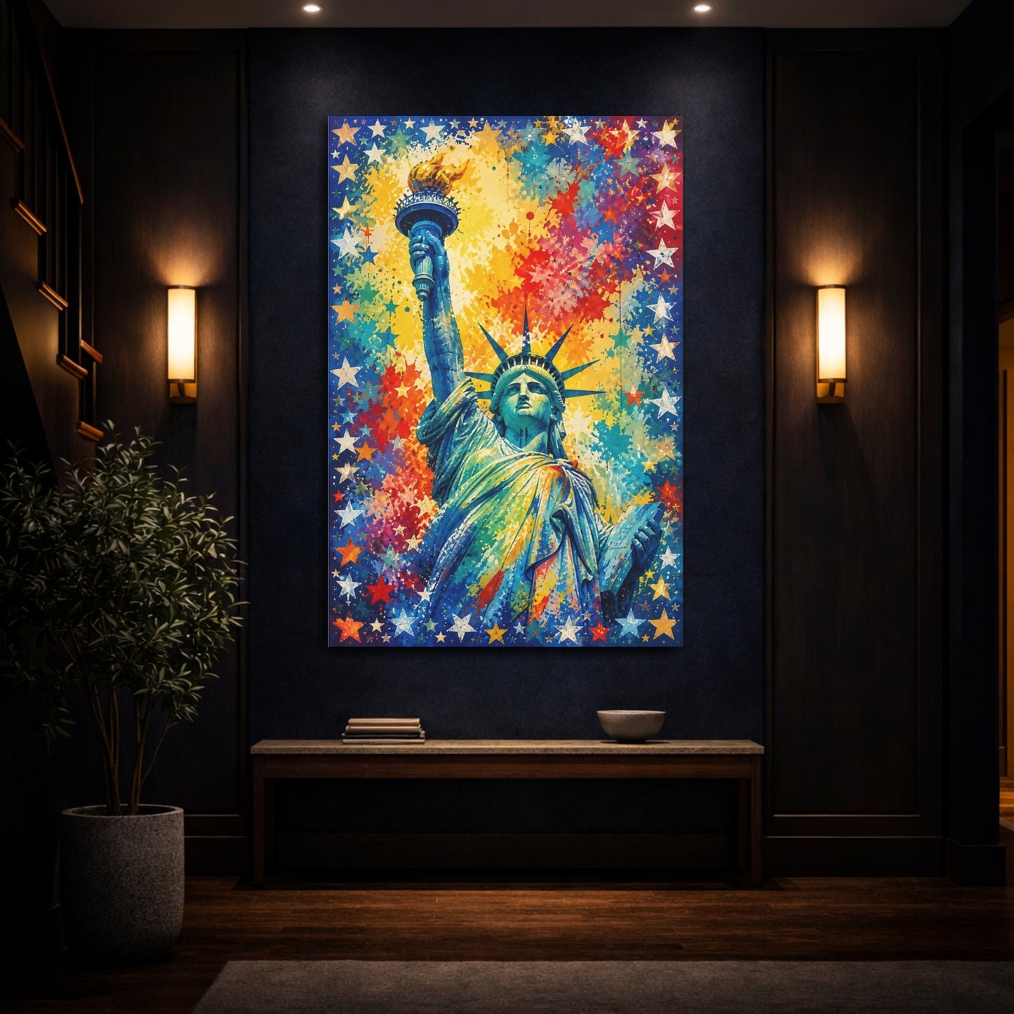 Mockup 4. Vibrant Lady Liberty Splash shown as canvas print
