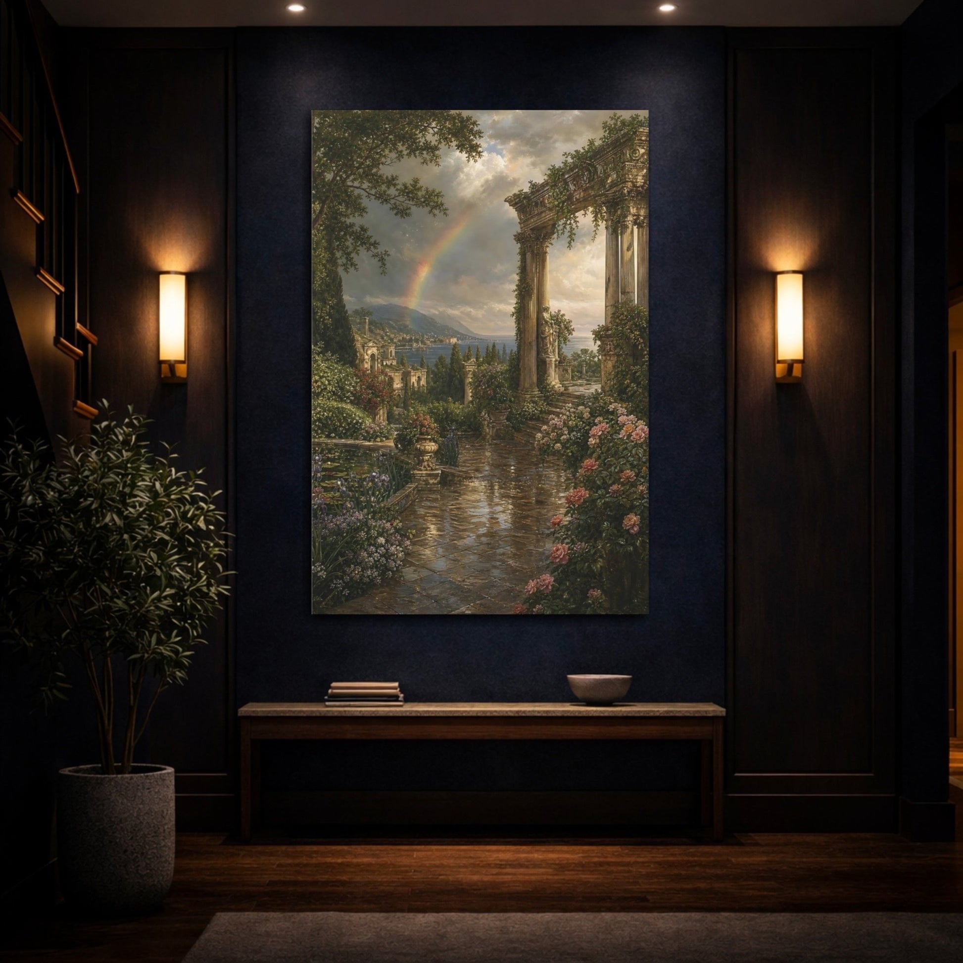 Victorian Garden Landscape Illustration Ancient Temple Canvas Wall Art Print – Living Room Decor, Above Couch - YesArtYes