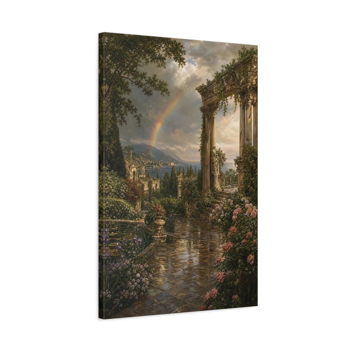 Victorian Garden Landscape Illustration Ancient Temple Canvas Wall Art Print – Living Room Decor, Above Couch - YesArtYes