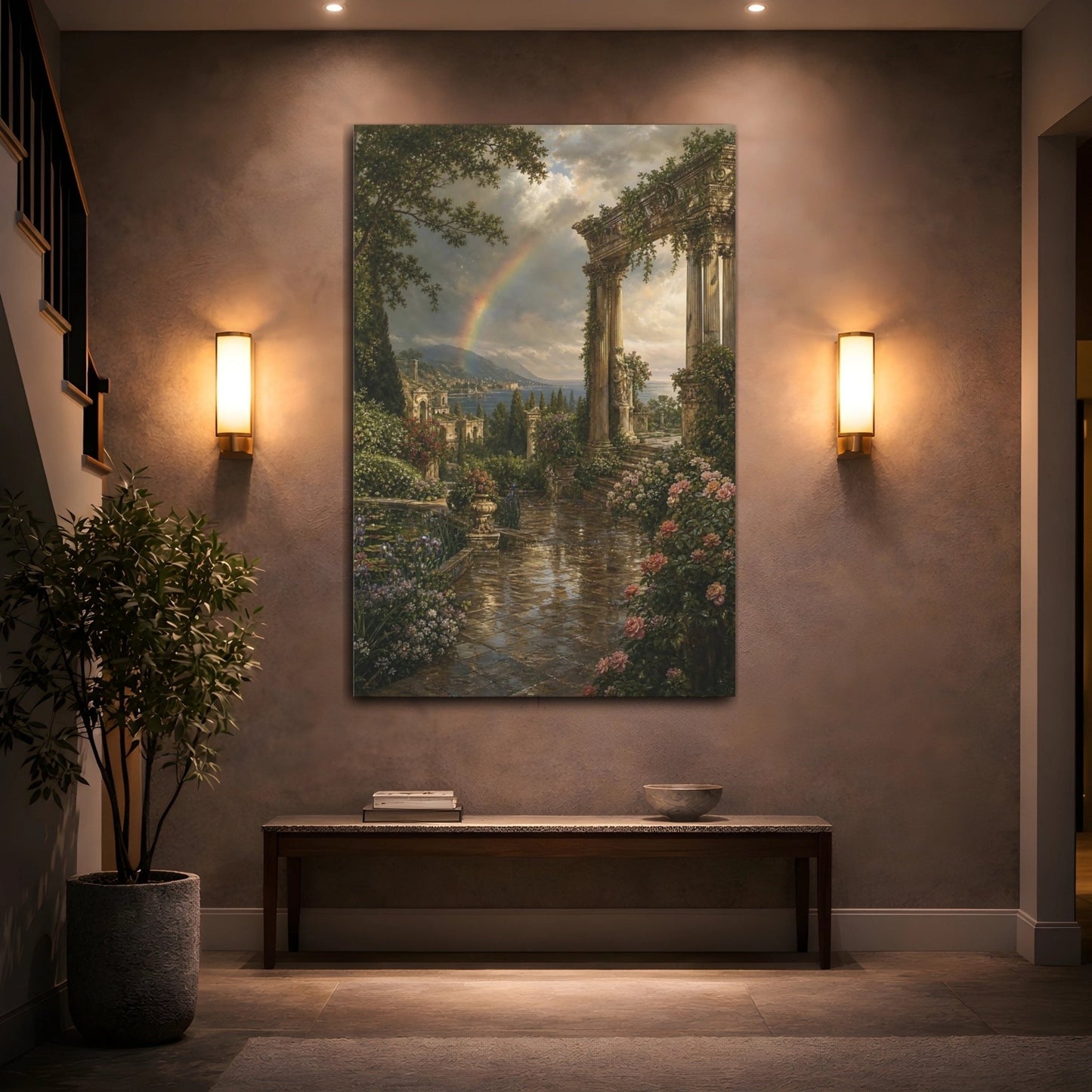 Victorian Garden Landscape Illustration Ancient Temple Canvas Wall Art Print – Living Room Decor, Above Couch - YesArtYes