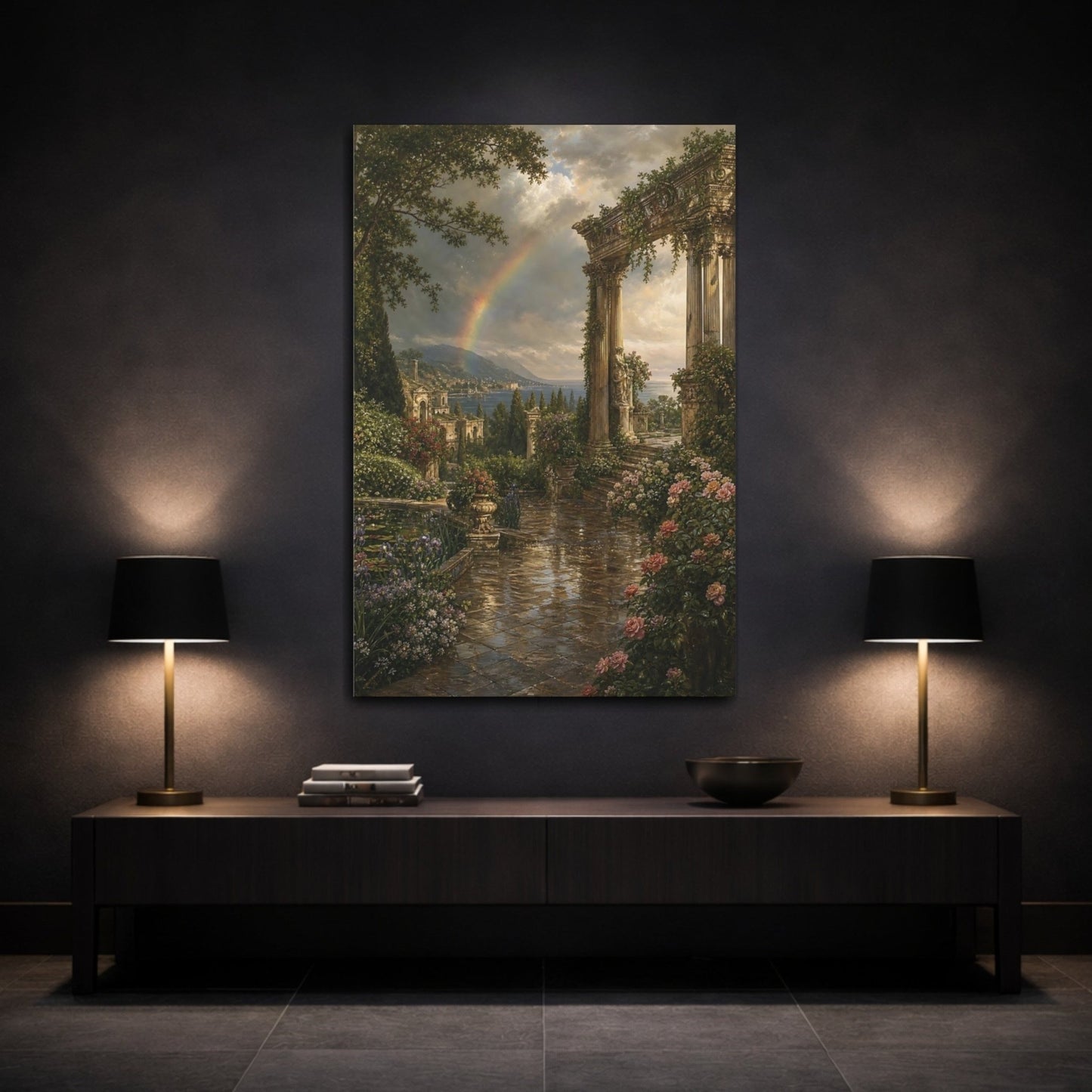 Victorian Garden Landscape Illustration Ancient Temple Canvas Wall Art Print – Living Room Decor, Above Couch - YesArtYes