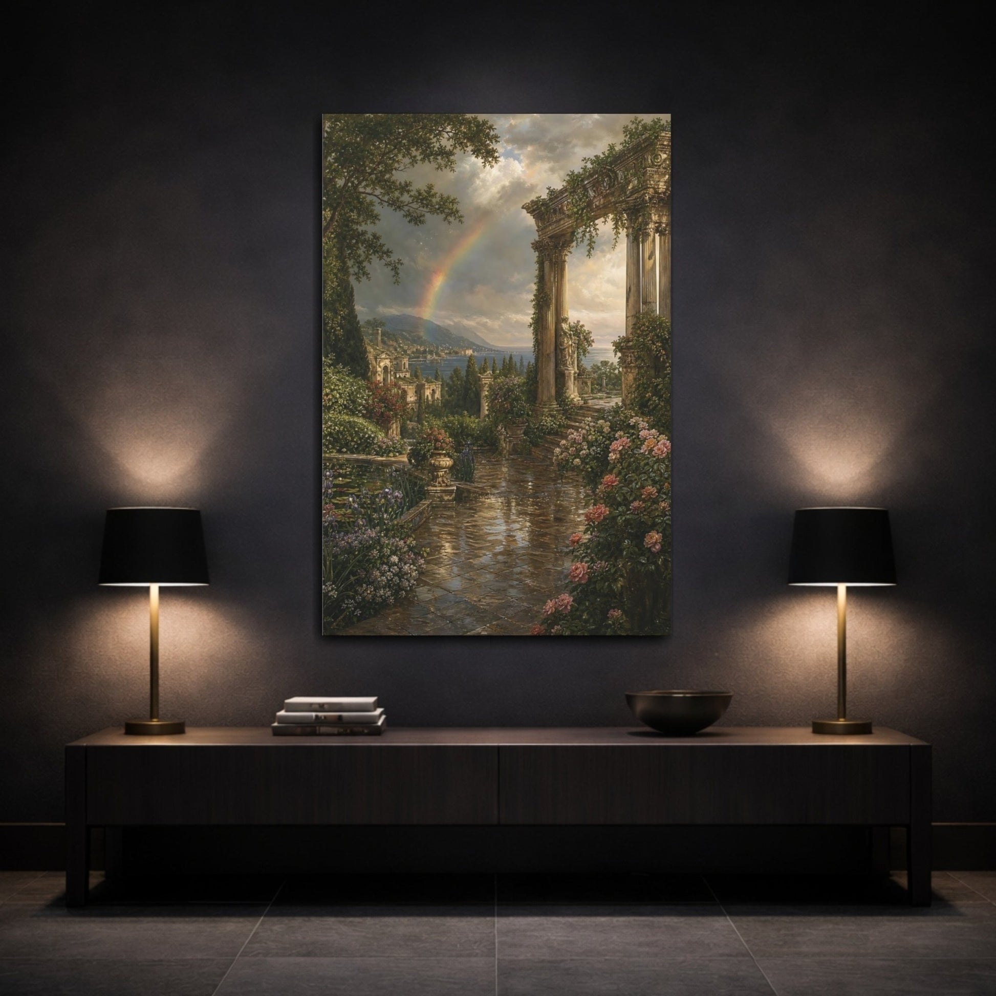 Victorian Garden Landscape Illustration Ancient Temple Canvas Wall Art Print – Living Room Decor, Above Couch - YesArtYes