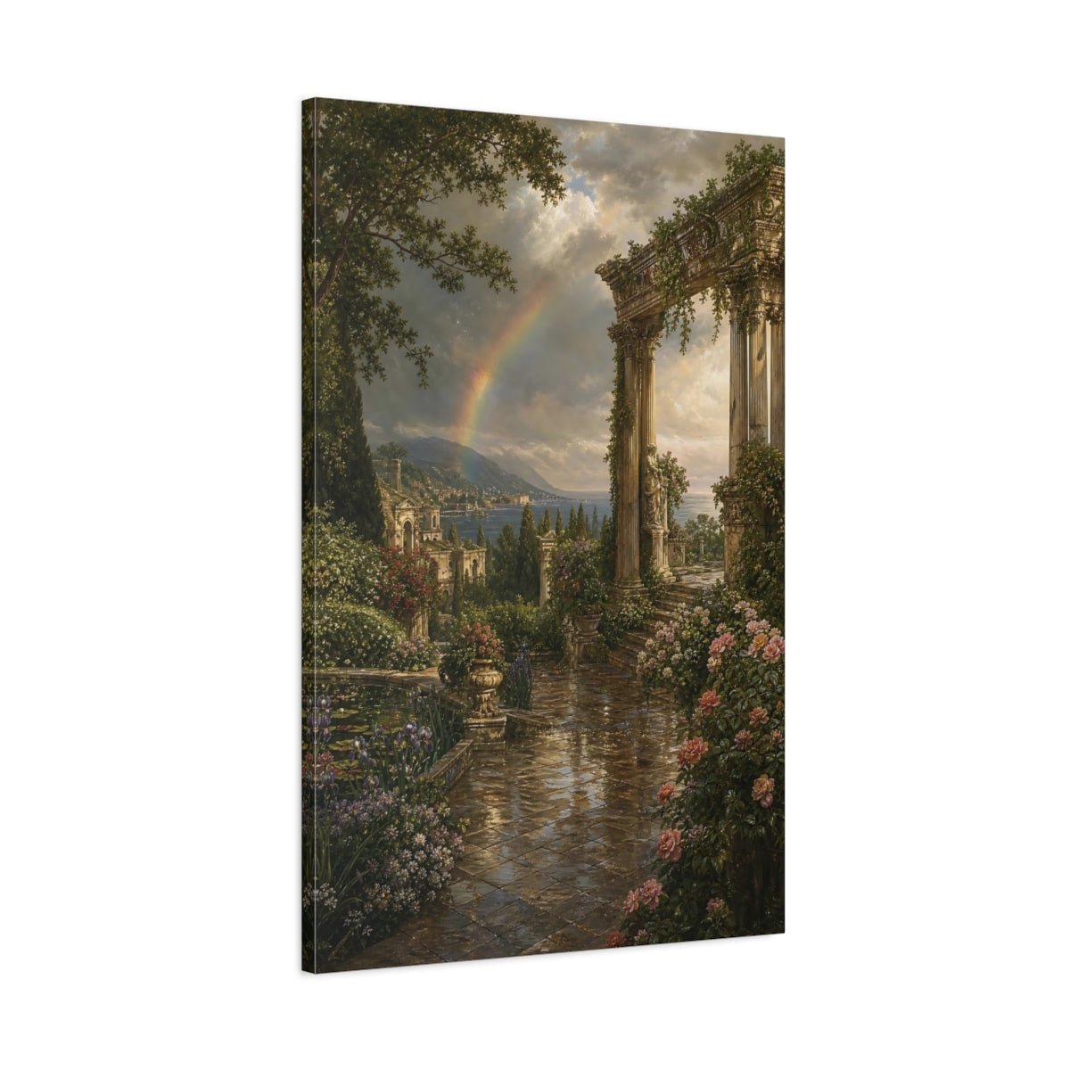 Victorian Garden Landscape Illustration Ancient Temple Canvas Wall Art Print – Living Room Decor, Above Couch - YesArtYes