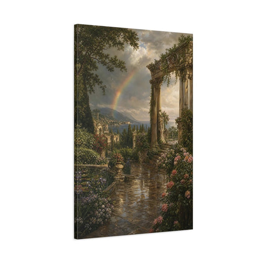 Victorian Garden Landscape Illustration Ancient Temple Canvas Wall Art Print – Living Room Decor, Above Couch - YesArtYes