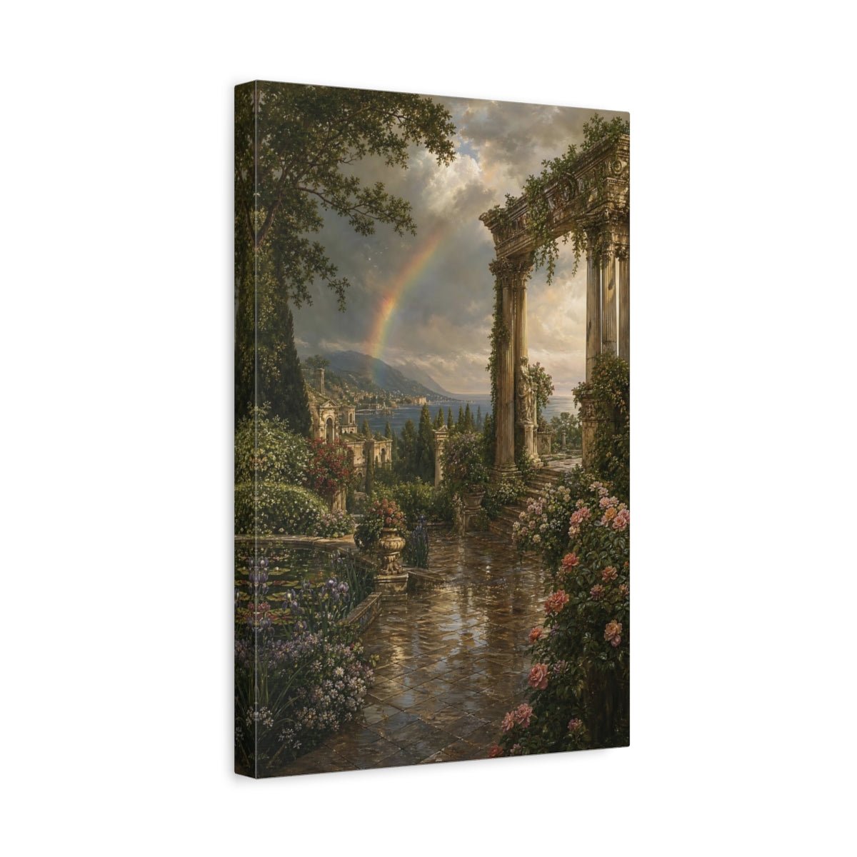 Victorian Garden Landscape Illustration Ancient Temple Canvas Wall Art Print – Living Room Decor, Above Couch - YesArtYes