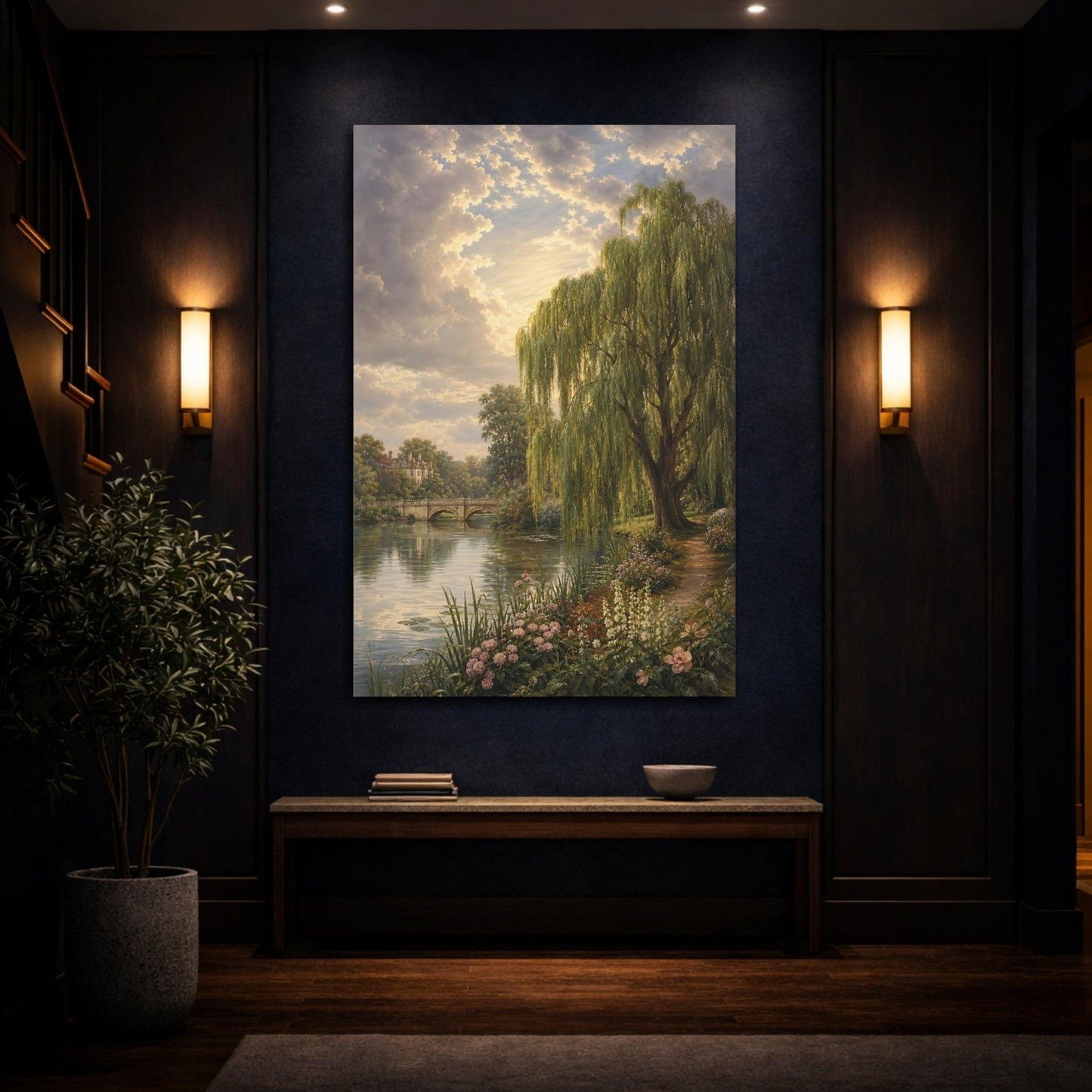 Victorian Garden Landscape Illustration Willow Tree Canvas Print – Traditional Decor for Living Room, Above Fireplace - YesArtYes