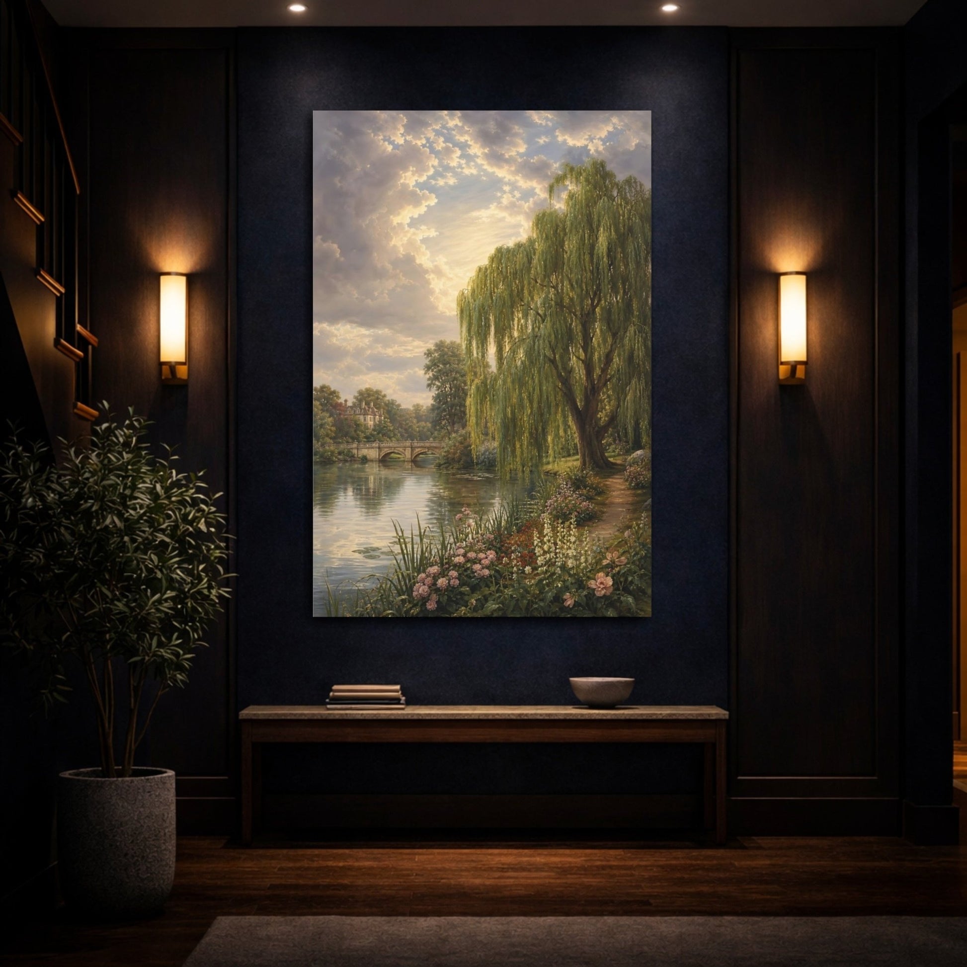 Victorian Garden Landscape Illustration Willow Tree Canvas Print – Traditional Decor for Living Room, Above Fireplace - YesArtYes