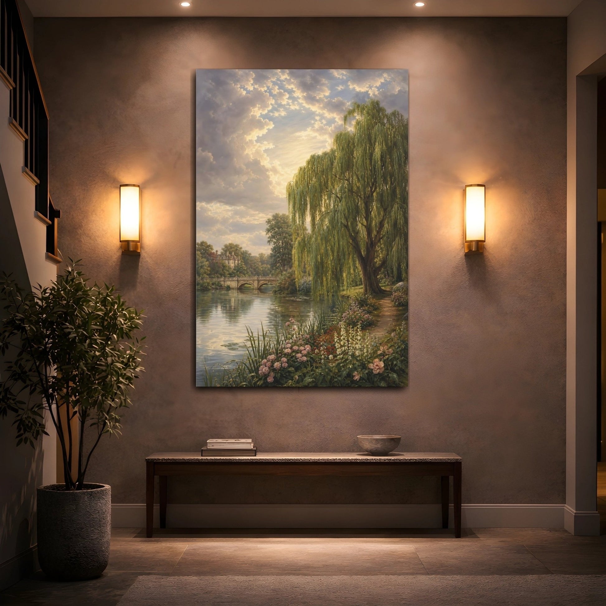 Victorian Garden Landscape Illustration Willow Tree Canvas Print – Traditional Decor for Living Room, Above Fireplace - YesArtYes