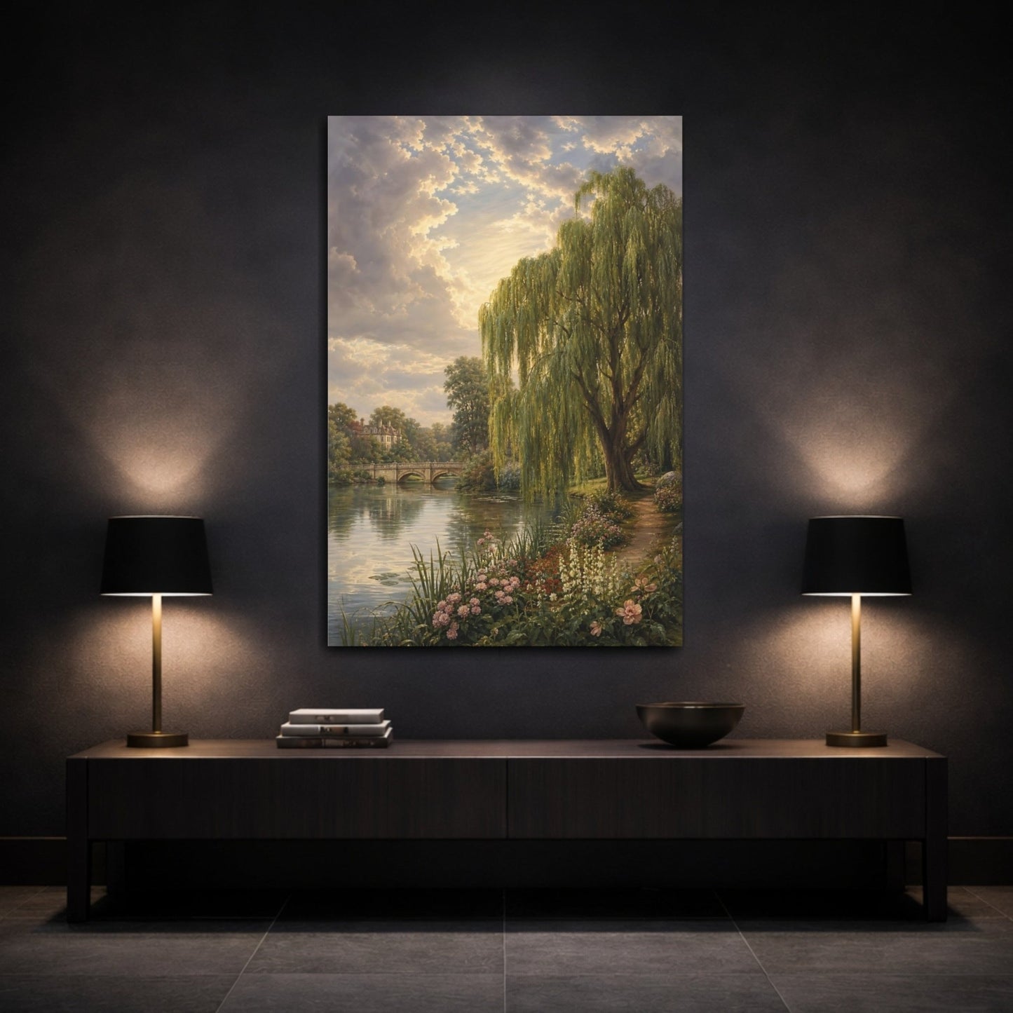 Victorian Garden Landscape Illustration Willow Tree Canvas Print – Traditional Decor for Living Room, Above Fireplace - YesArtYes