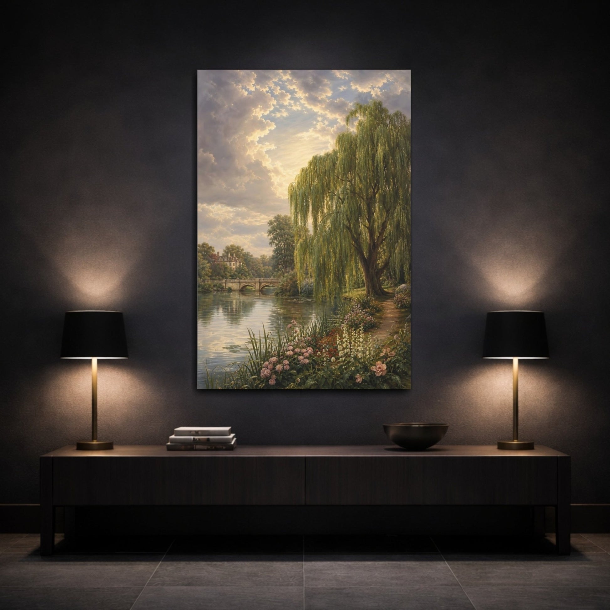 Victorian Garden Landscape Illustration Willow Tree Canvas Print – Traditional Decor for Living Room, Above Fireplace - YesArtYes
