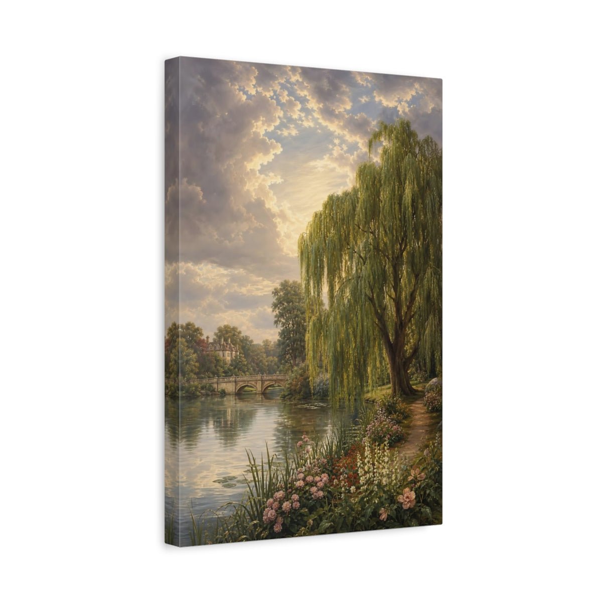 Victorian Garden Landscape Illustration Willow Tree Canvas Print – Traditional Decor for Living Room, Above Fireplace - YesArtYes