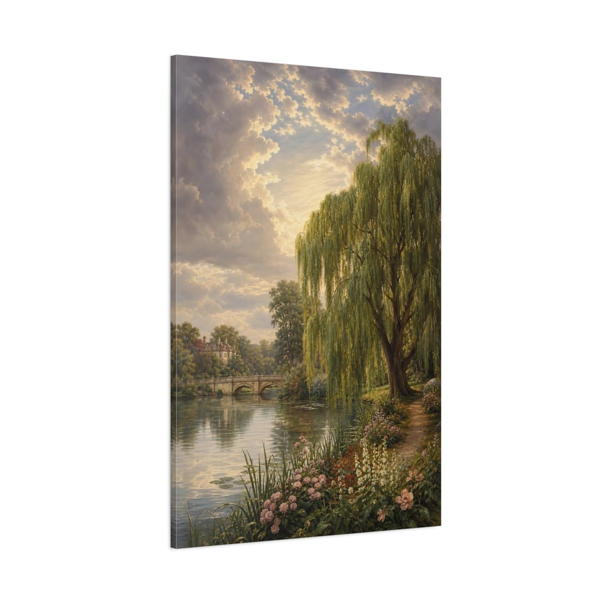 Victorian Garden Landscape Illustration Willow Tree Canvas Print – Traditional Decor for Living Room, Above Fireplace - YesArtYes