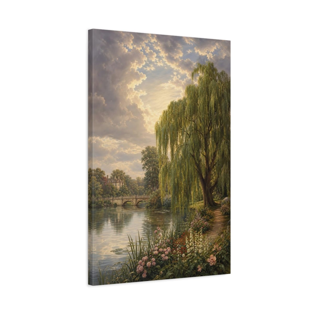 Victorian Garden Landscape Illustration Willow Tree Canvas Print – Traditional Decor for Living Room, Above Fireplace - YesArtYes