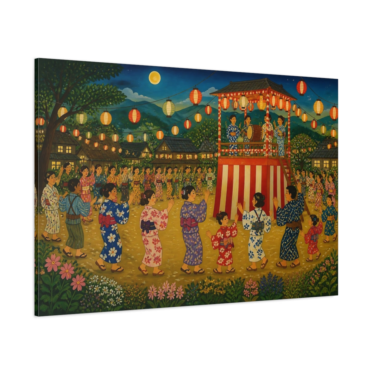 Side Mockup 1. Village Bon Odori Dance shown as canvas print