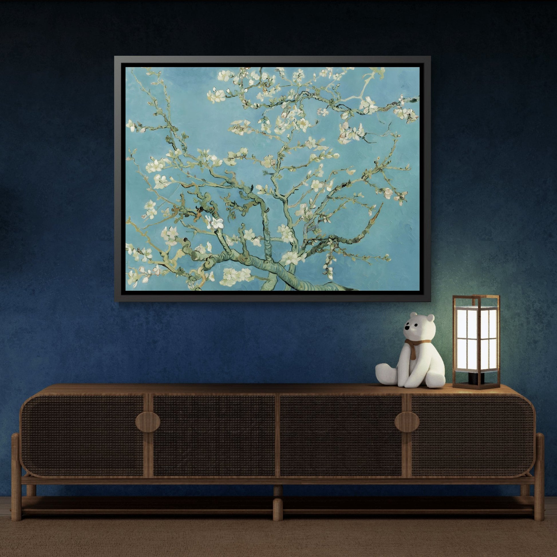 Vincent Van Gogh Almond Blossom Tree - Framed Canvas Wall Art Print in Black Pinewood Frame