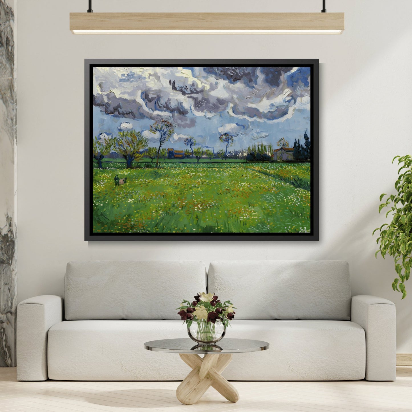 Vincent van Gogh Landscape Under a Turbulent Sky - Famous Framed Canvas Wall Art Print in Black Pinewood Frame