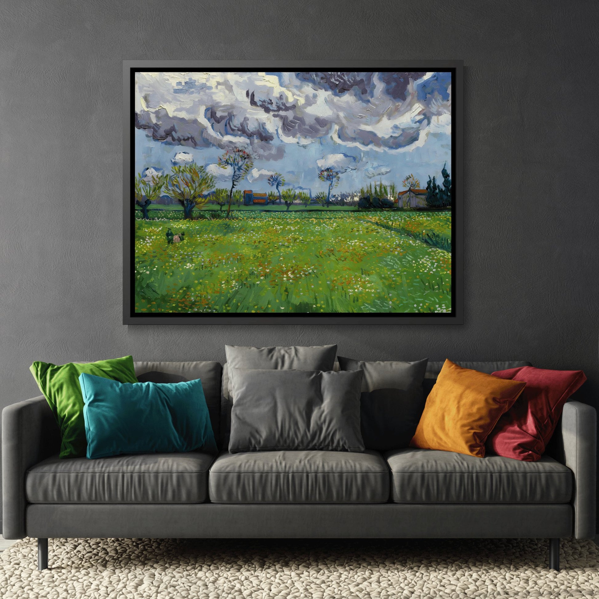 Vincent van Gogh Landscape Under a Turbulent Sky - Famous Framed Canvas Wall Art Print in Black Pinewood Frame