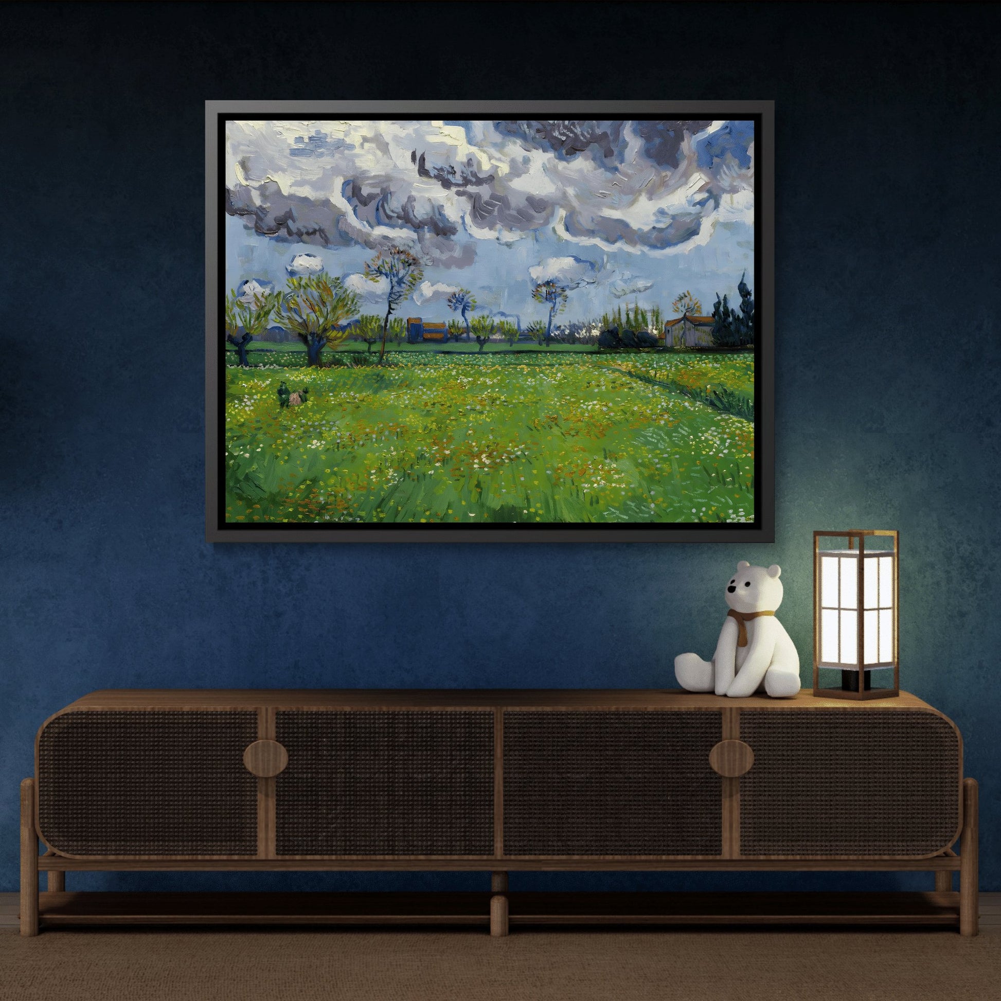 Vincent van Gogh Landscape Under a Turbulent Sky - Famous Framed Canvas Wall Art Print in Black Pinewood Frame