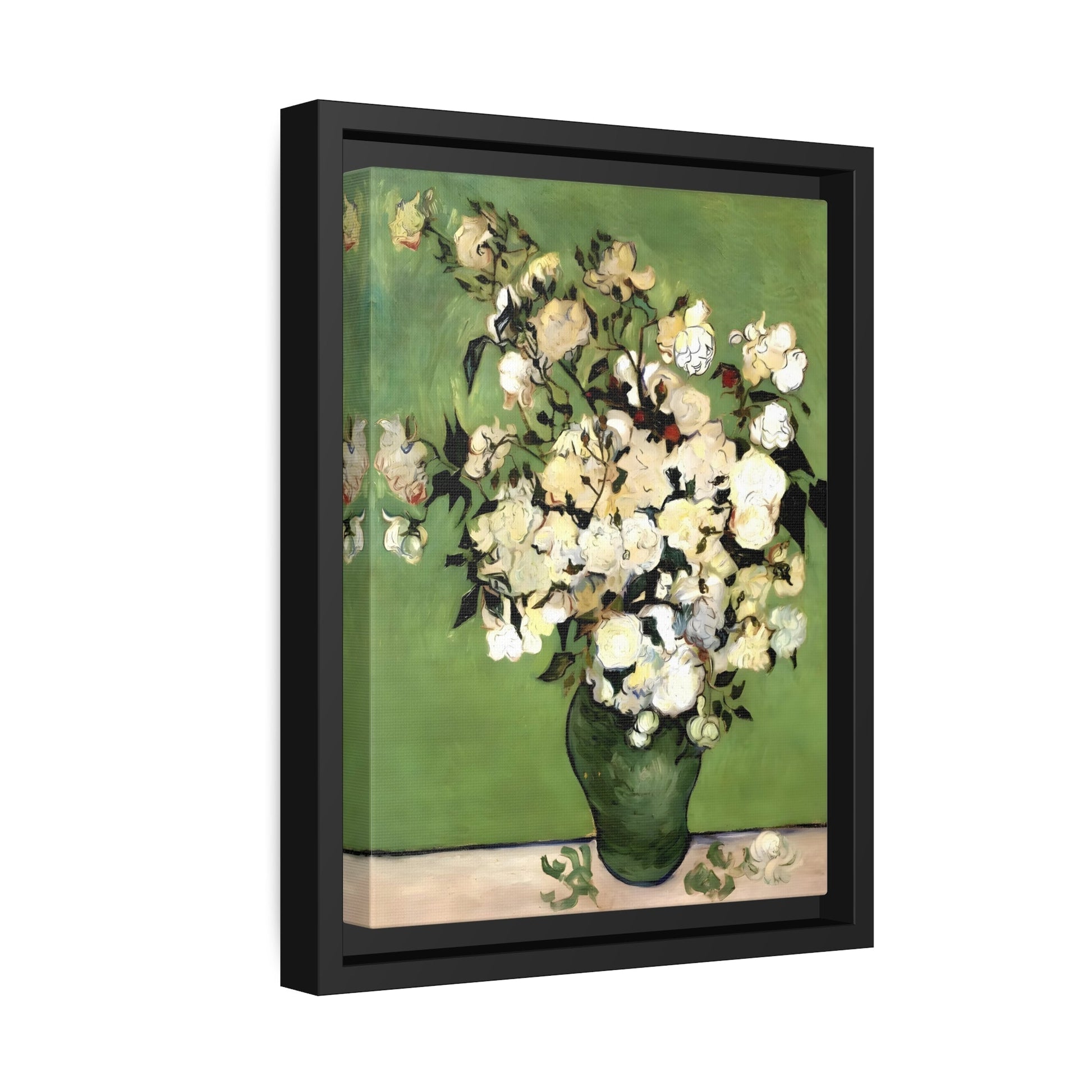 Vincent Van Gogh Vase of Roses - Framed Canvas Wall Art Print in Black Frame