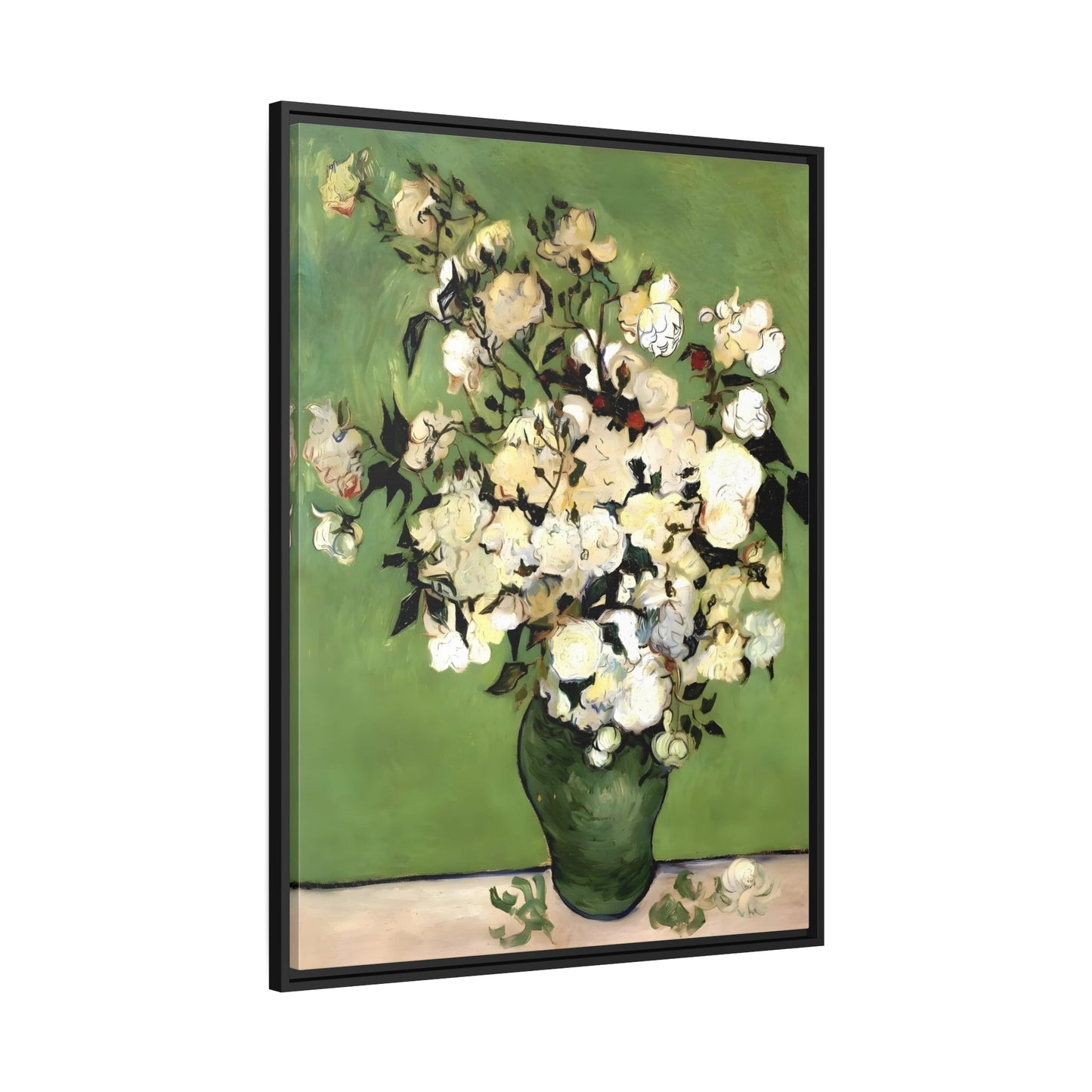 Vincent Van Gogh Vase of Roses - Framed Canvas Wall Art Print in Black Frame