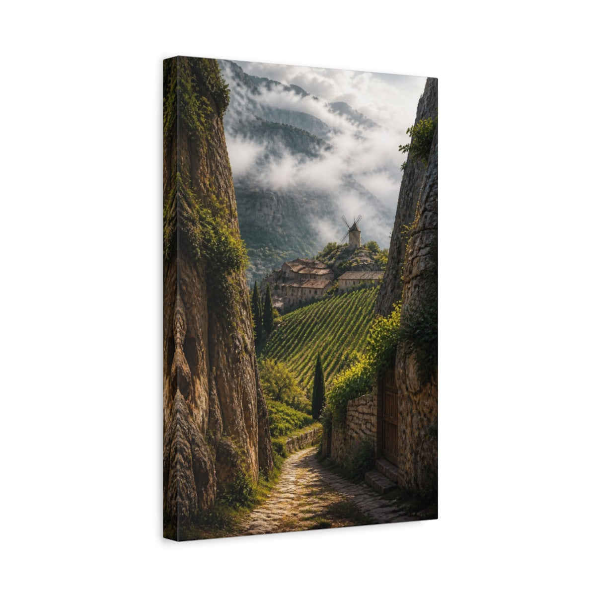 Side Mockup 4. Vineyard Landscape With Windmill shown as canvas print
