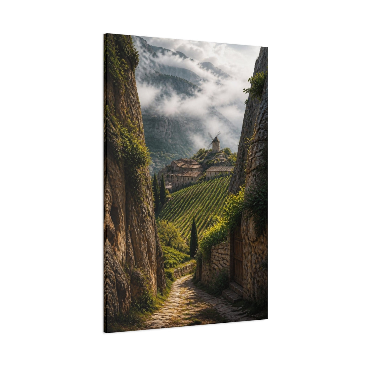 Side Mockup 1. Vineyard Landscape With Windmill shown as canvas print