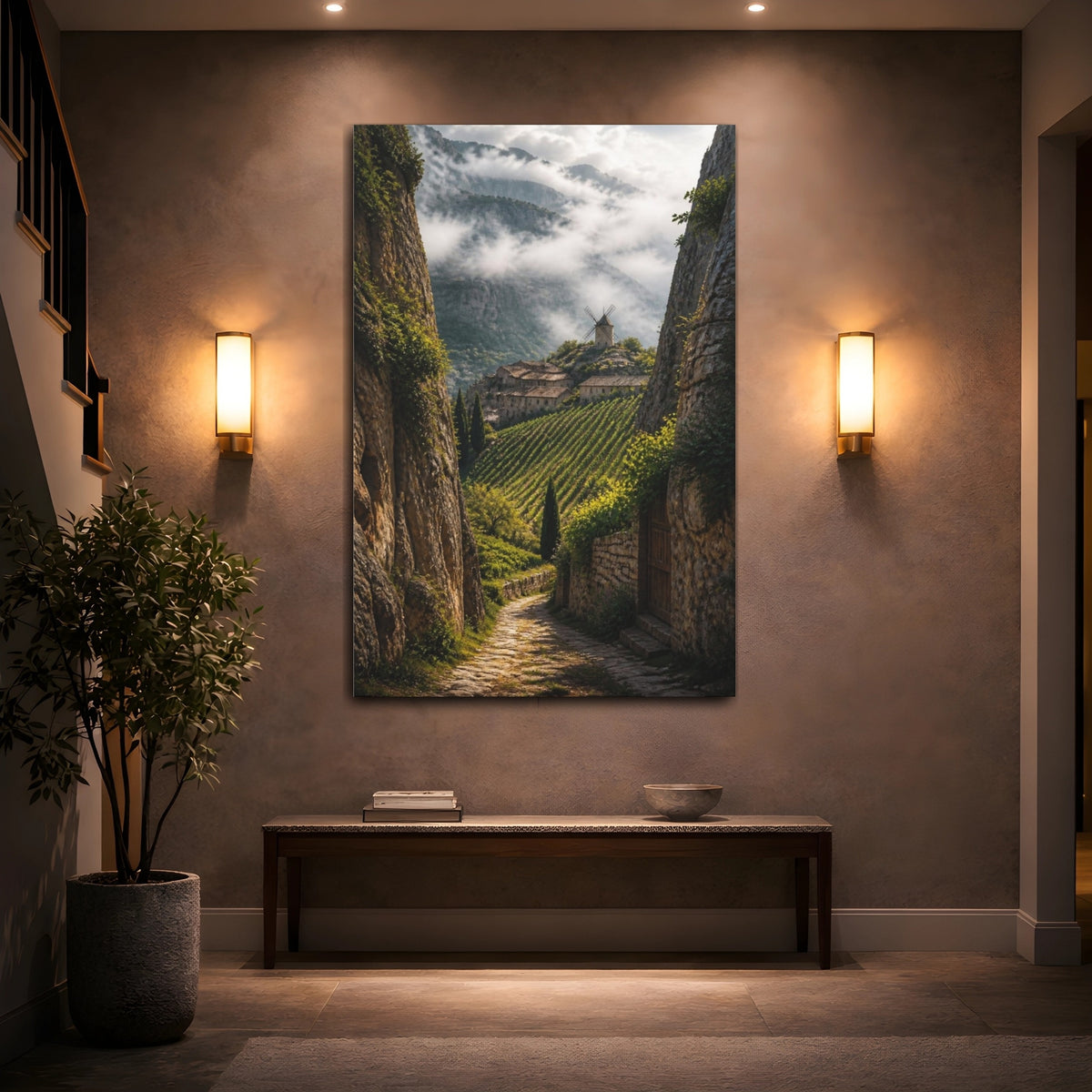 Mockup 2. Vineyard Landscape With Windmill shown as canvas print