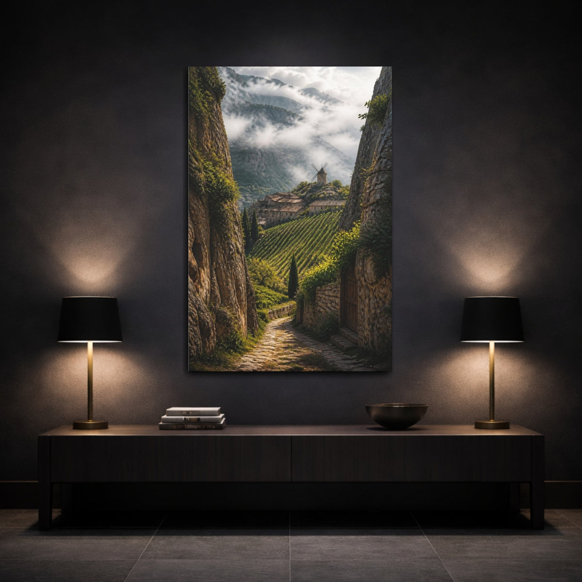 Mockup 3. Vineyard Landscape With Windmill shown as canvas print