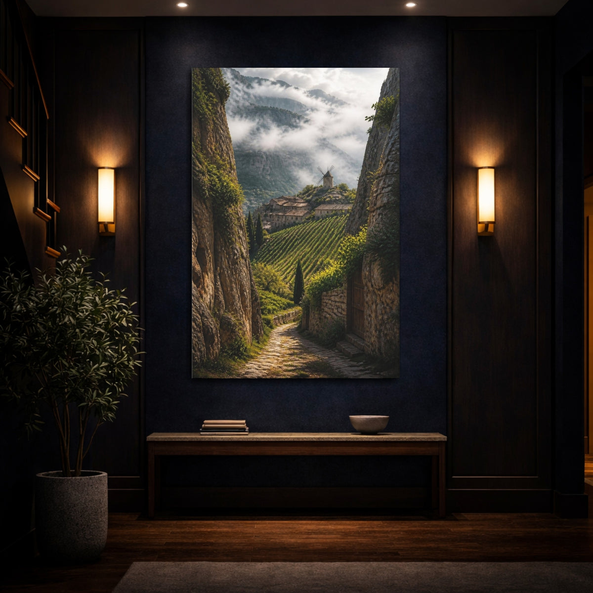 Mockup 4. Vineyard Landscape With Windmill shown as canvas print