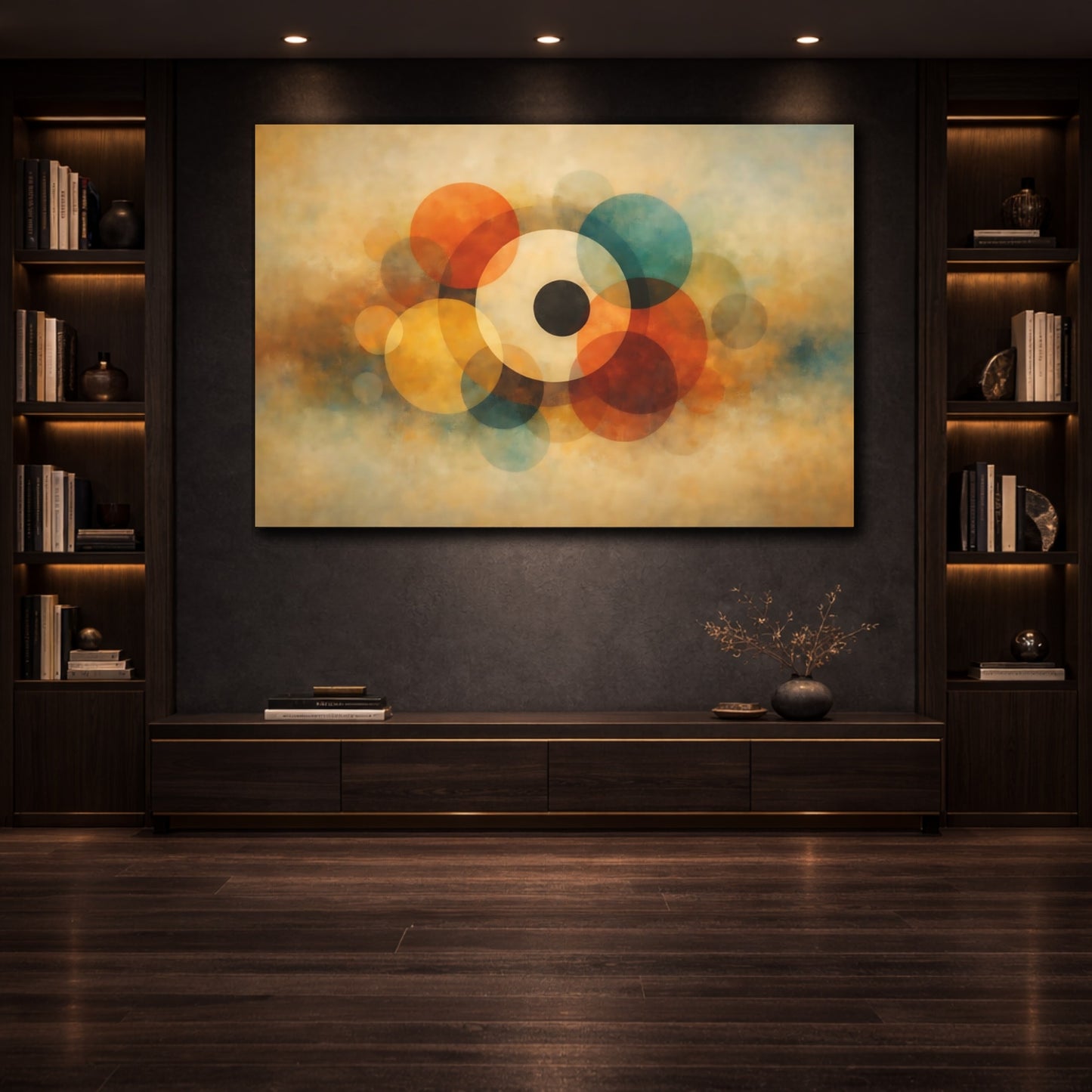 Mockup 2. Vintage Abstract Circles shown as stretched canvas wall art