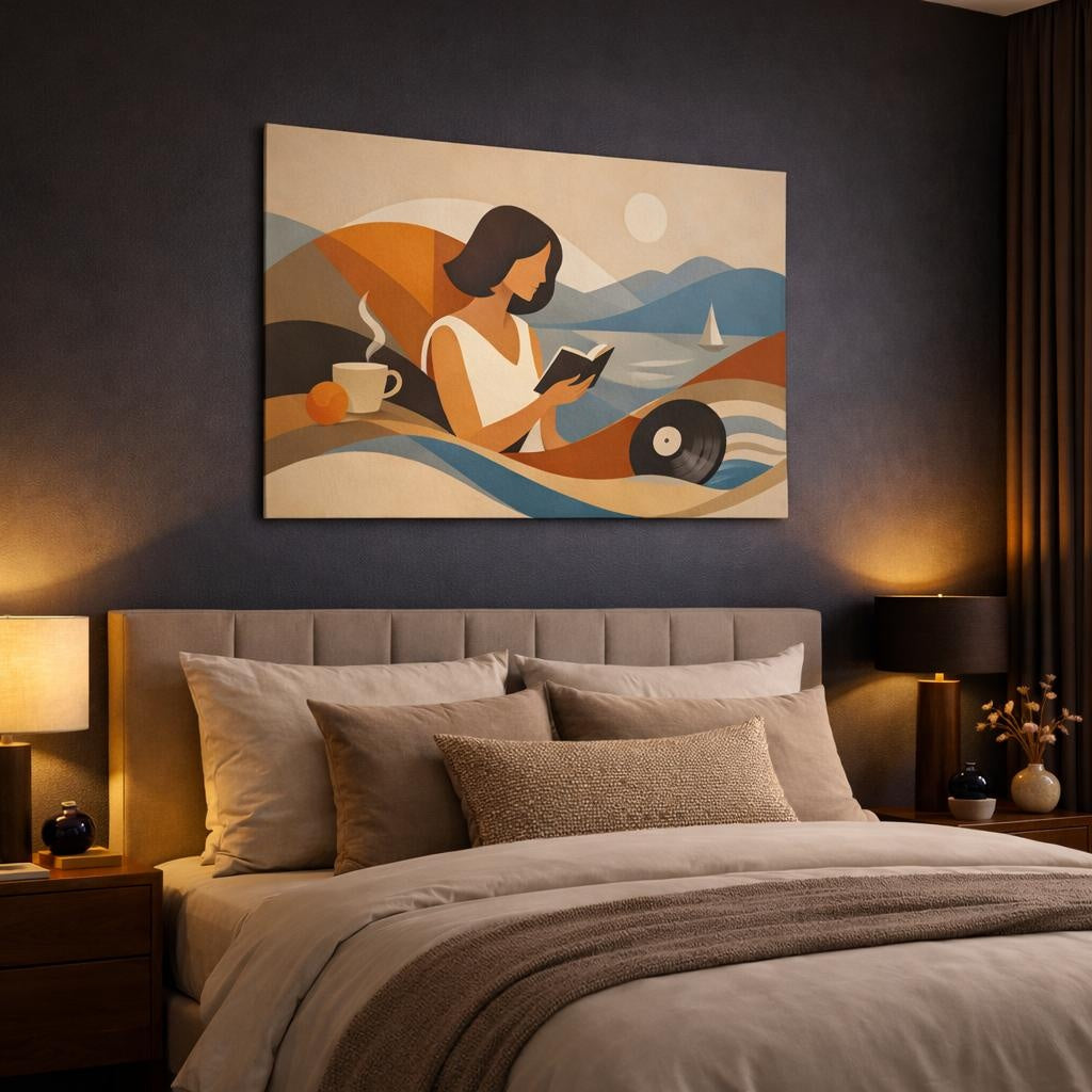 Vintage Abstract Motion shown as canvas wall art in a luxury bedroom
