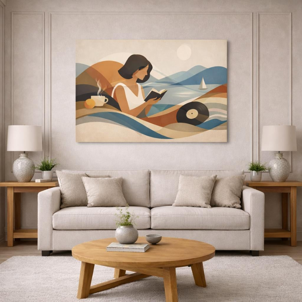 Vintage Abstract Motion shown as canvas wall art in a modern living room