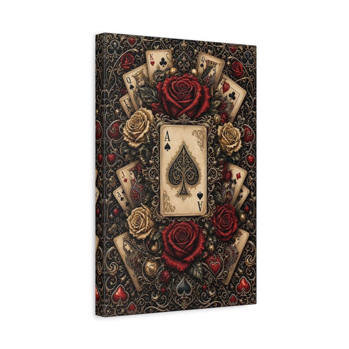 Side Mockup 4. Vintage Ace Of Spades Black Gold Red shown as stretched canvas wall art