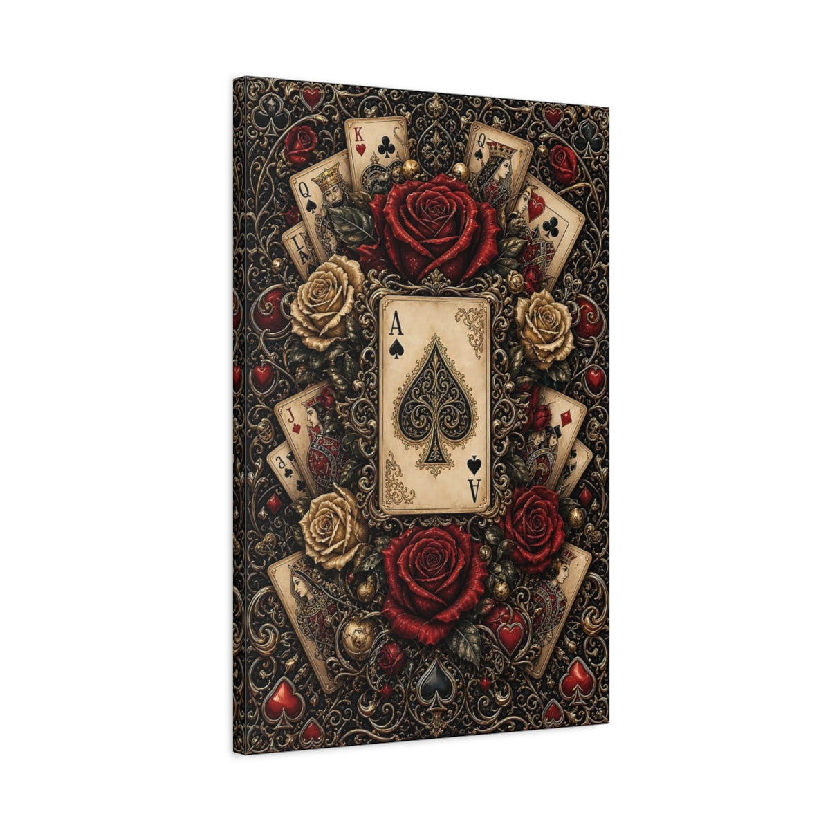 Side Mockup 2. Vintage Ace Of Spades Black Gold Red shown as stretched canvas wall art