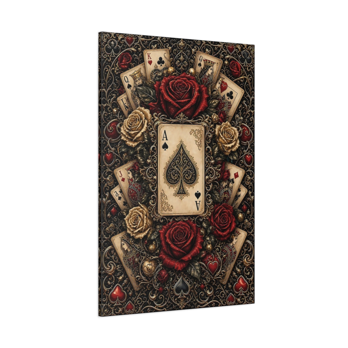Side Mockup 1. Vintage Ace Of Spades Black Gold Red shown as stretched canvas wall art