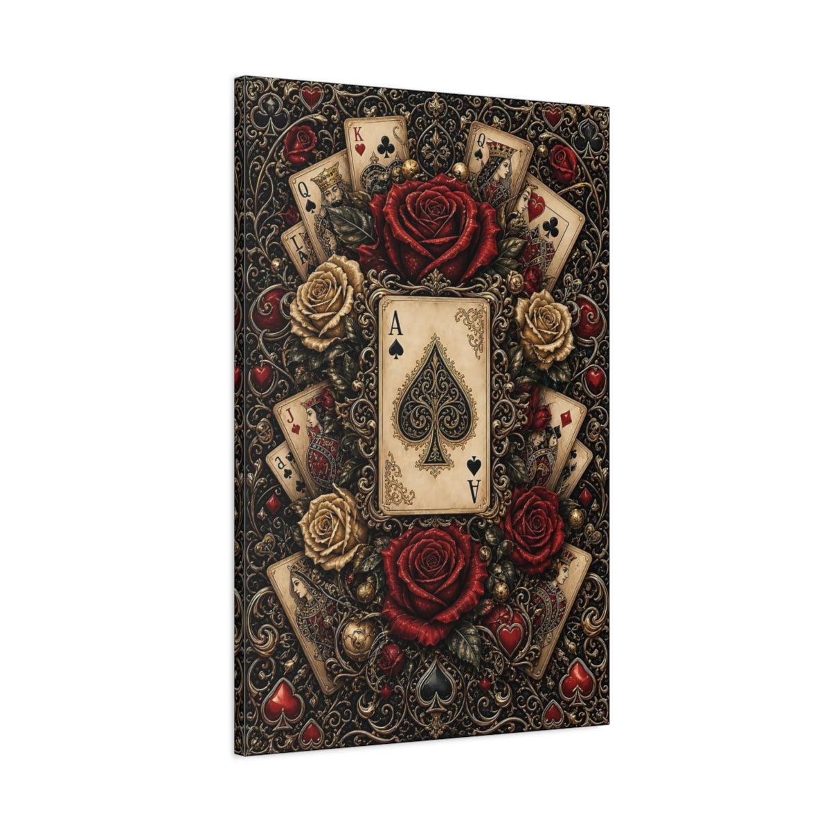 Main Mockup. Vintage Ace Of Spades Black Gold Red shown as stretched canvas wall art