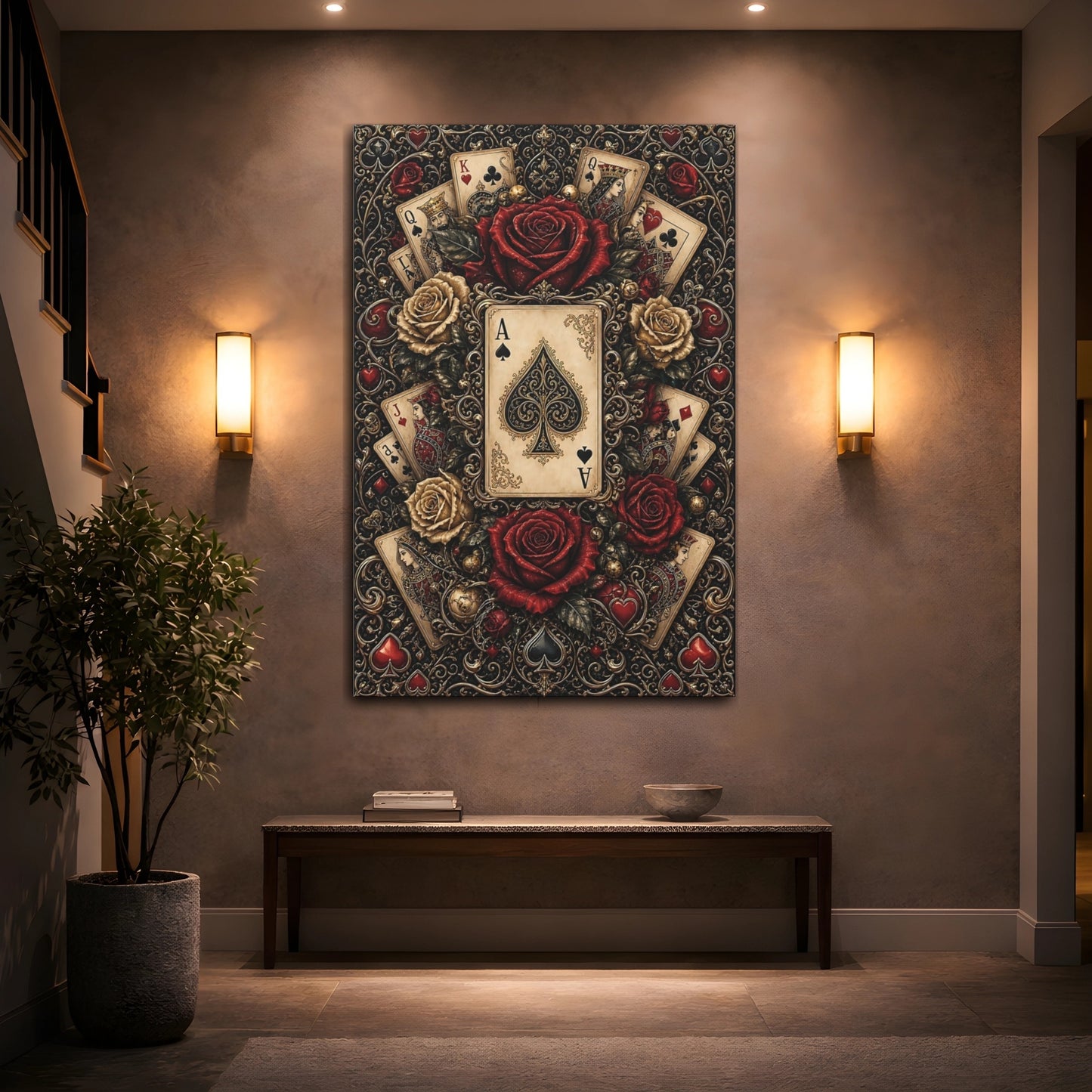 Mockup 2. Vintage Ace Of Spades Black Gold Red shown as stretched canvas wall art