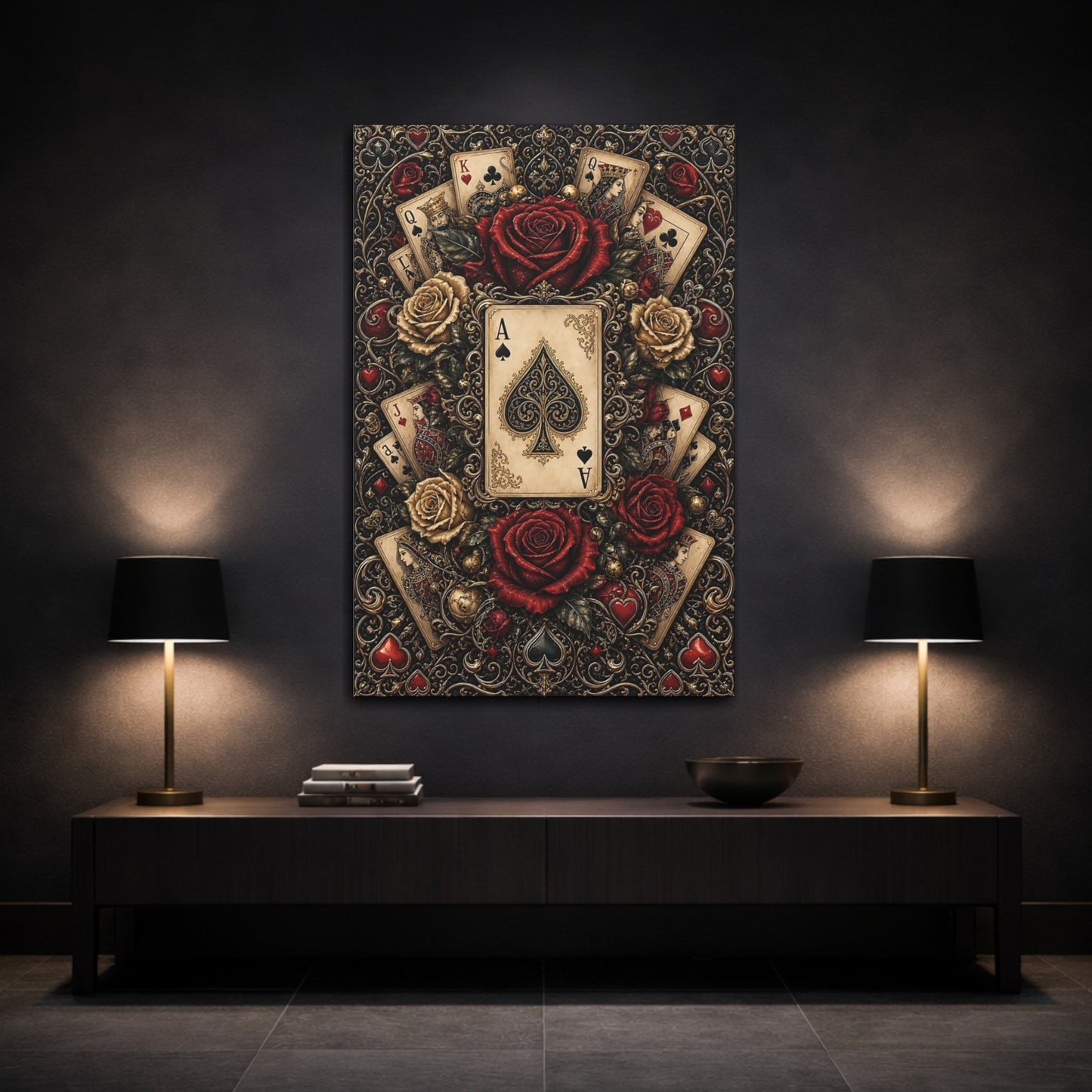 Mockup 3. Vintage Ace Of Spades Black Gold Red shown as stretched canvas wall art
