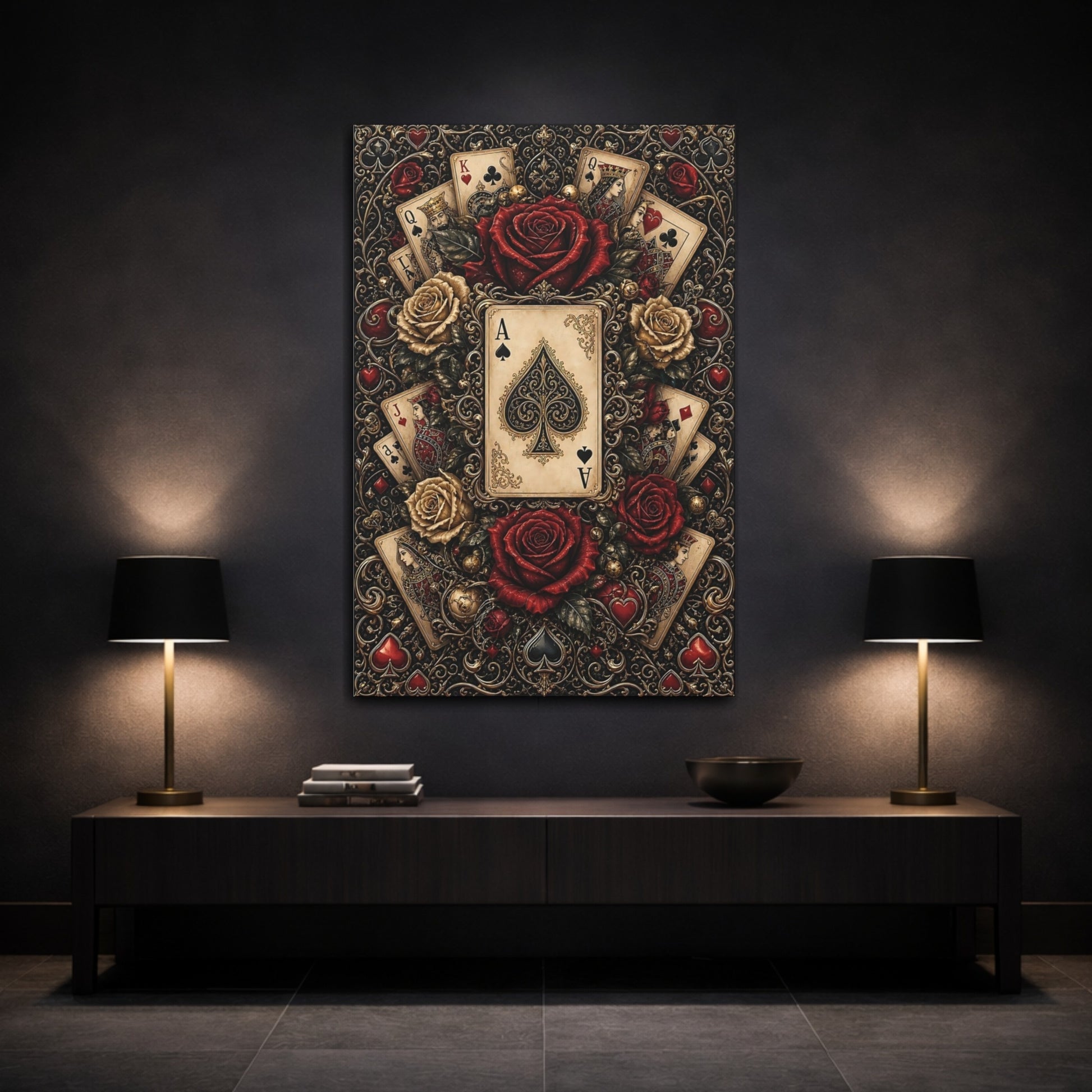 Mockup 3. Vintage Ace Of Spades Black Gold Red shown as stretched canvas wall art
