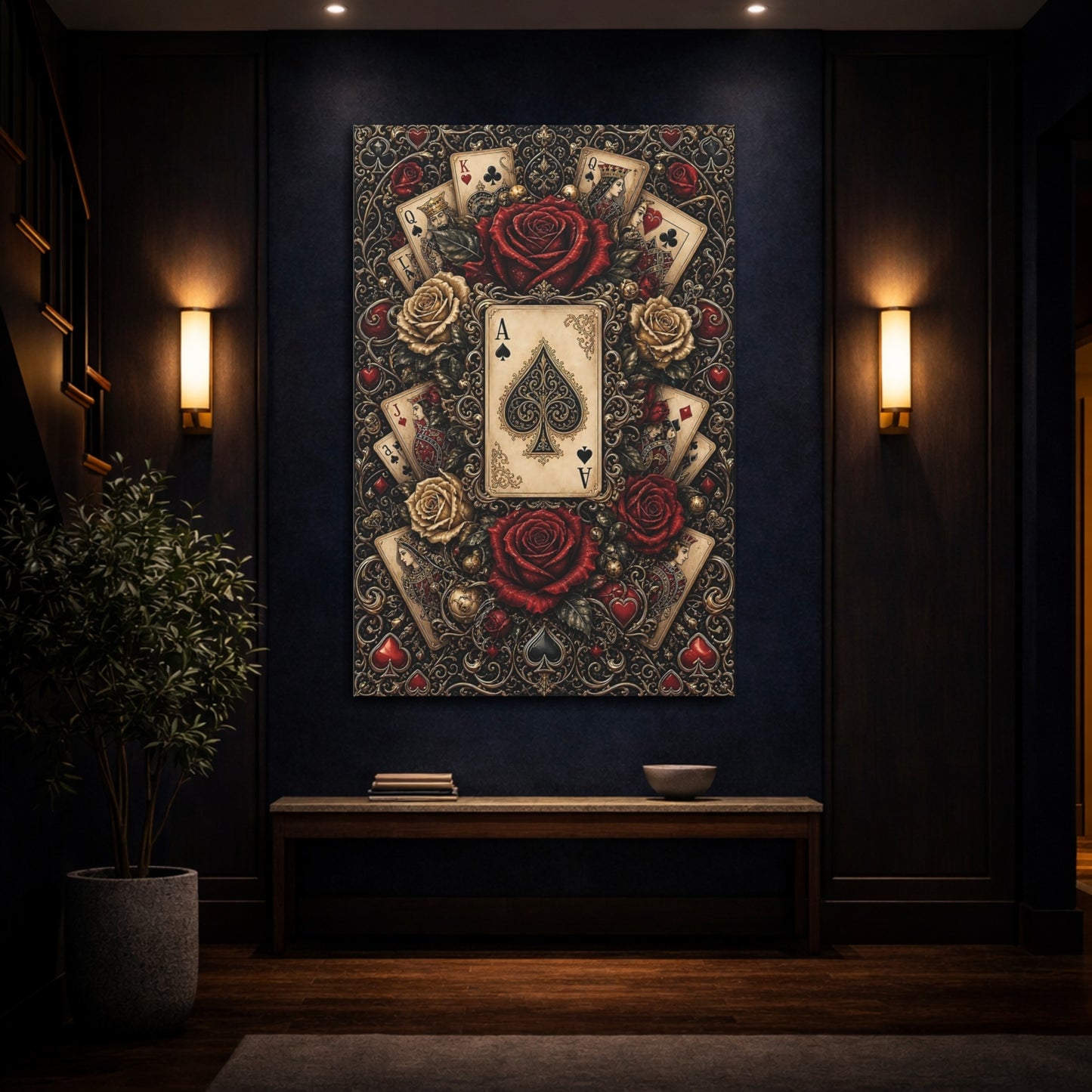 Mockup 4. Vintage Ace Of Spades Black Gold Red shown as stretched canvas wall art
