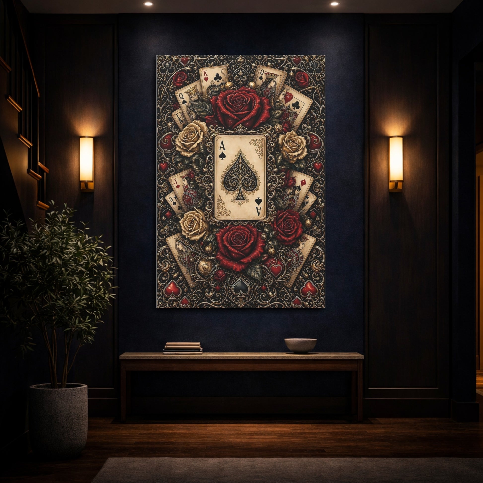 Mockup 4. Vintage Ace Of Spades Black Gold Red shown as stretched canvas wall art
