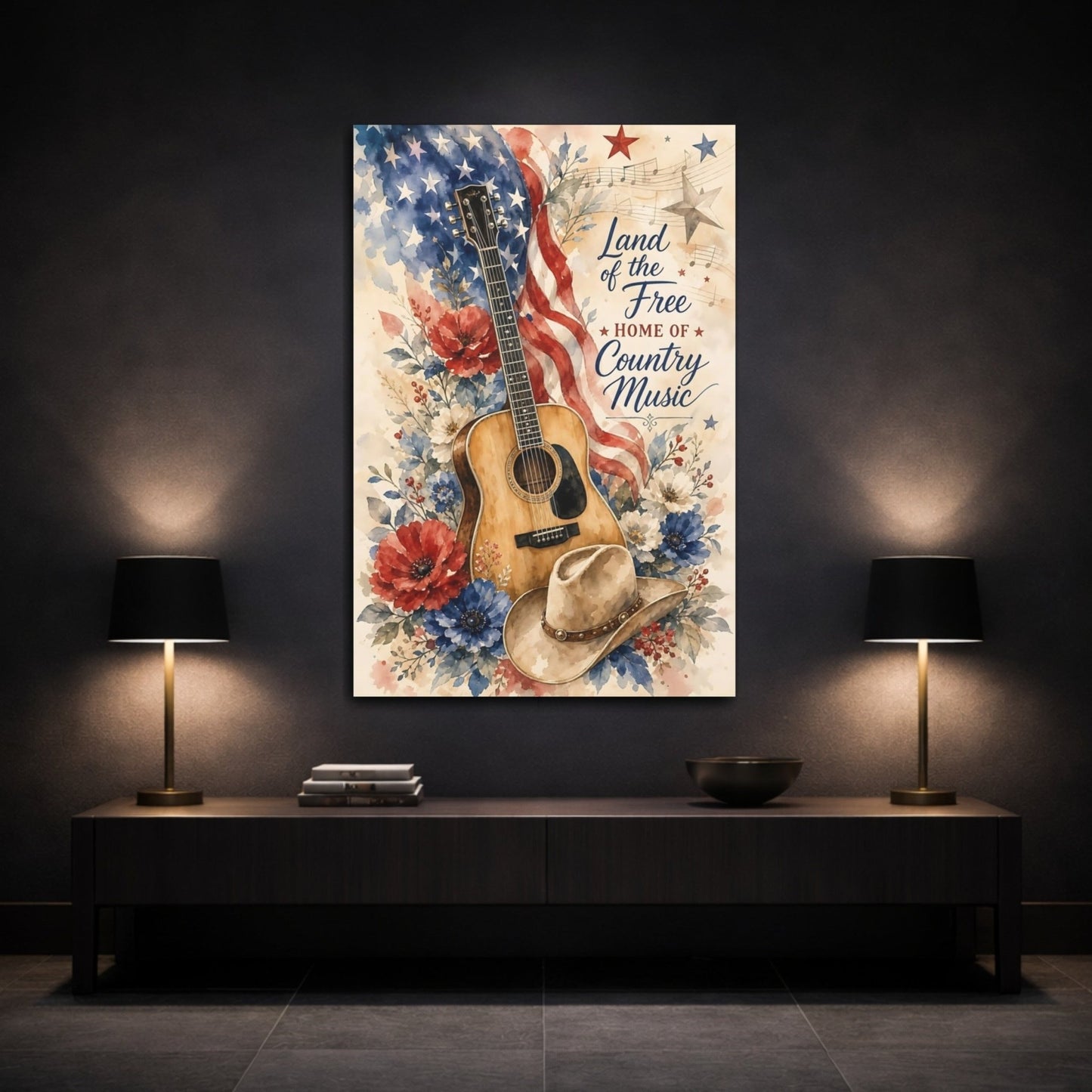 Vintage Acoustic Guitar Country Art Canvas Print – Living Room, Above Console Table - YesArtYes