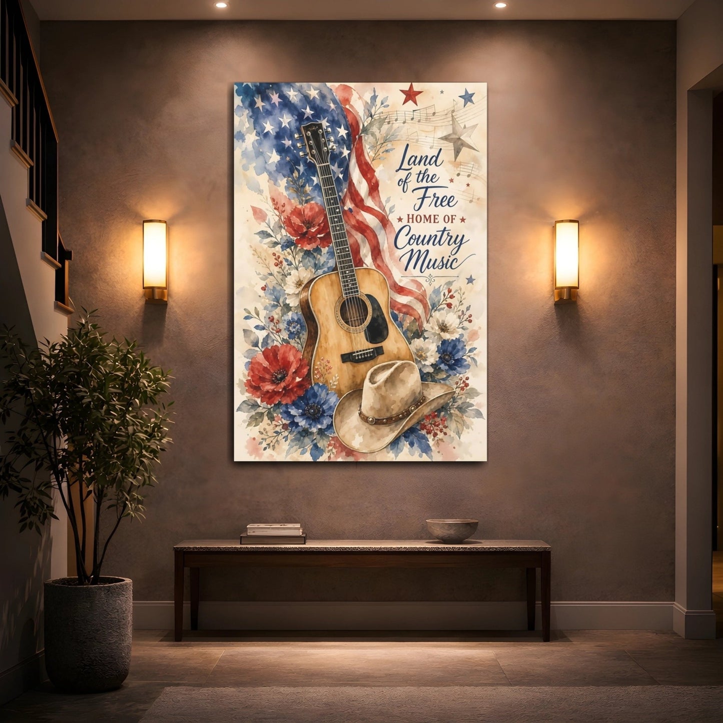 Vintage Acoustic Guitar Country Art Canvas Print – Living Room, Above Console Table - YesArtYes