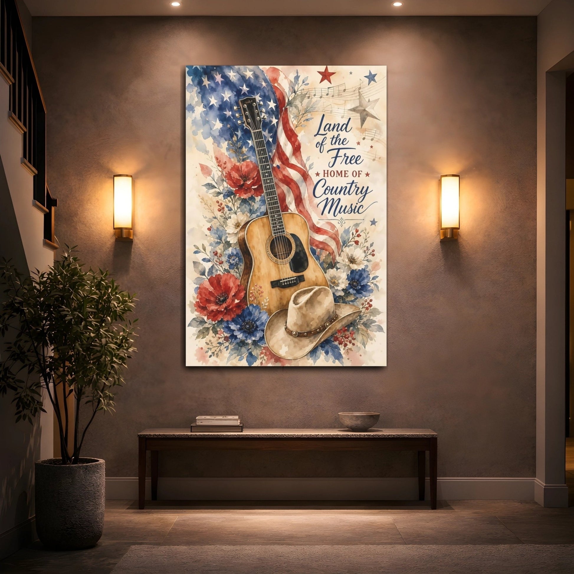 Vintage Acoustic Guitar Country Art Canvas Print – Living Room, Above Console Table - YesArtYes