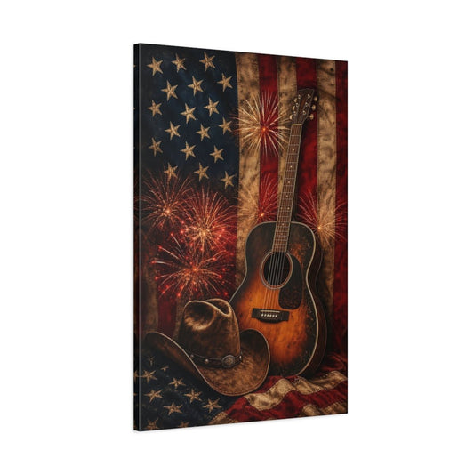 Vintage Acoustic Guitar Patriotic Americana Canvas Print – Rustic Decor for Living Room, Above Sofa - YesArtYes