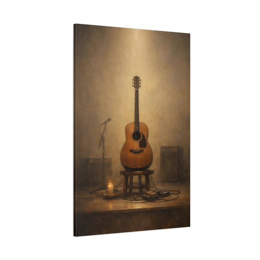 Main Mockup. Vintage Acoustic Guitar Vintage Guitar Stage shown as stretched canvas wall art