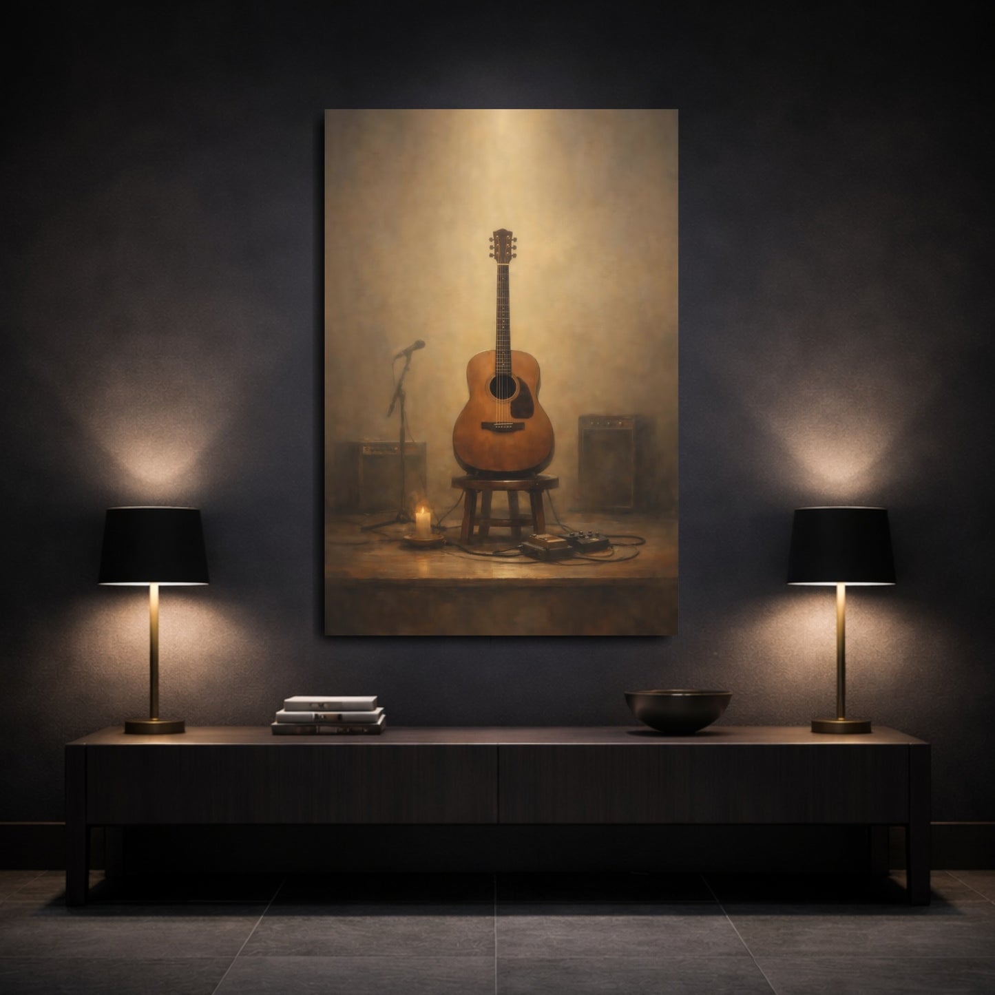 Mockup 2. Vintage Acoustic Guitar Vintage Guitar Stage shown as stretched canvas wall art