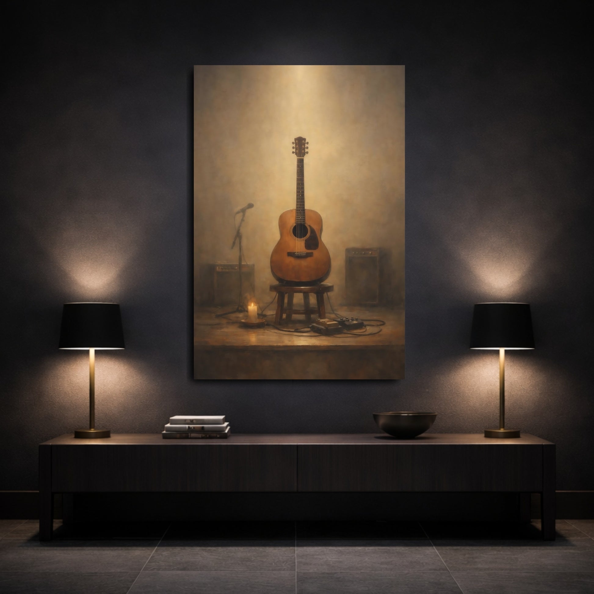 Mockup 2. Vintage Acoustic Guitar Vintage Guitar Stage shown as stretched canvas wall art