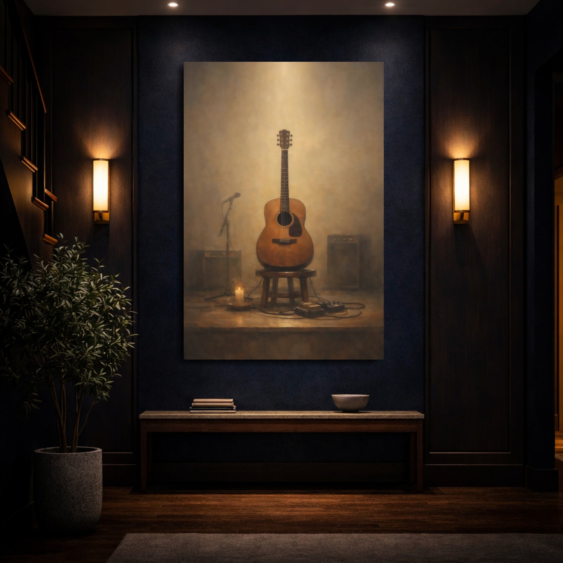 Mockup 3. Vintage Acoustic Guitar Vintage Guitar Stage shown as stretched canvas wall art